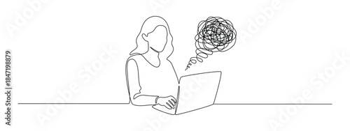 Burnout at work in one continuous line drawing. Symbol of businesswoman and female student in simple linear style. Stress and fatigue concept in Editable stroke. Handwriting vector illustration