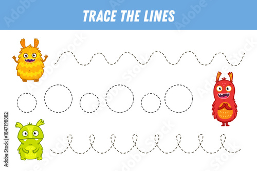 Tracing lines for kids. Cute cartoon monsters. Handwriting practice. Educational game for preschool kids. Activity page. Vector
