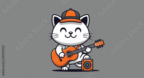 A cartoon white cat wearing an orange hat plays an orange guitar with a speaker on a gray background in a playful scene.