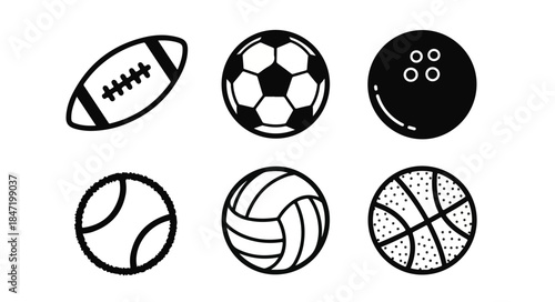 Collection of six sports balls icons in black and white, including football, soccer ball, bowling ball, baseball, volleyball, and basketball, on a plain white background.