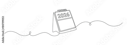 Loose-leaf calendar 2026 in one continuous line drawing. Symbol of memorable date and event day in simple linear style. Time planer concept in Editable stroke. Doodle handwriting vector illustration