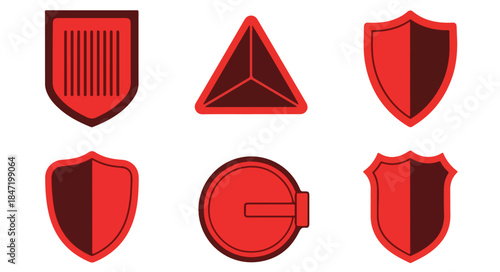 Graphic illustration of various shield and badge icons in red and black hues against a clean white background.