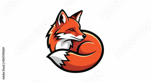 A cartoon red fox with white markings curled up and facing right against a clean white background in a graphic illustration.