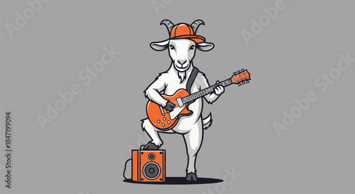 Cartoon goat wearing an orange cap plays an electric guitar with an amplifier against a gray background.