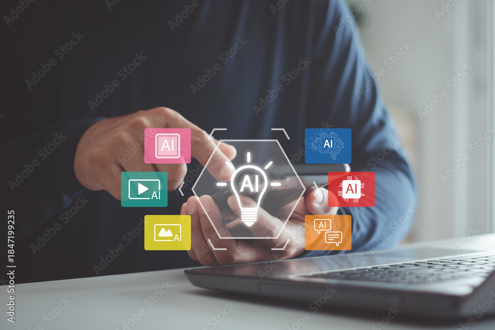 Naklejka premium Artificial intelligence concept. Businessman using smartphone and laptop with AI application icons. Smart technology, digital automation, data processing and innovation for modern business solutions.