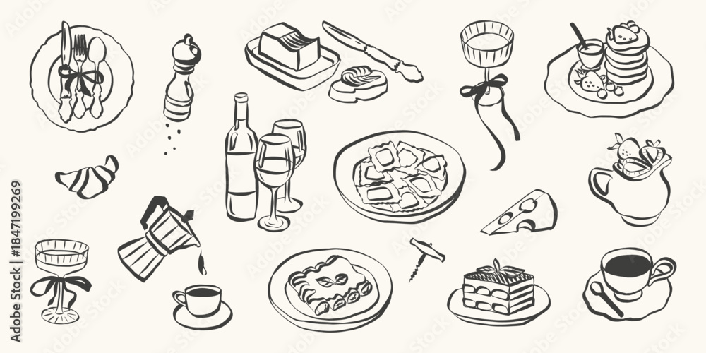 Naklejka premium Italian food set in hand drawn whimsical style. Quirky chalk doodles of breakfast and dinner meals. Crayon drawing for menus and invitations. La dolce vita outline vector illustration