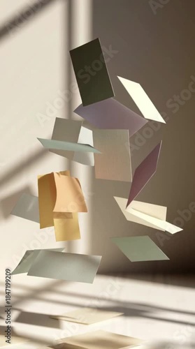 Various pastel-colored rectangular paper sheets gracefully float and drift within a sunlit minimalist room.