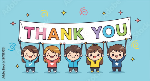 Group of diverse cartoon children holding a colorful thank you banner with confetti on a light blue background.