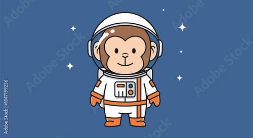 A cartoon monkey in a white astronaut suit and helmet stands against a blue background with stars.