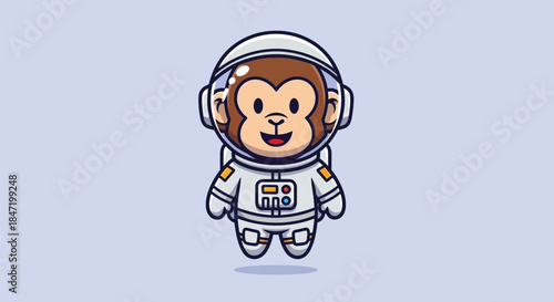 A cartoon monkey in a white astronaut suit and helmet with a cheerful expression floats against a light blue background.