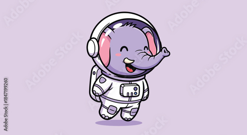 A cheerful purple elephant in a white astronaut suit and helmet stands against a light purple background with a joyful expression.