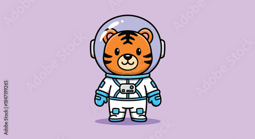 A cartoon tiger character wearing a white spacesuit and helmet stands against a pastel purple background with a subtle shadow.