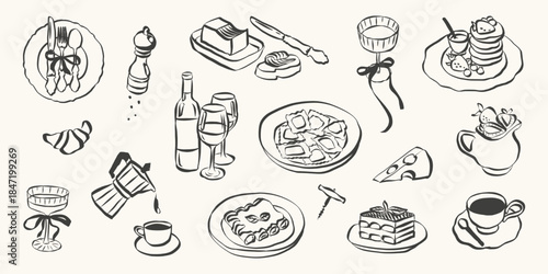 Italian food set in hand drawn whimsical style. Quirky chalk doodles of breakfast and dinner meals. Crayon drawing for menus and invitations. La dolce vita outline vector illustration