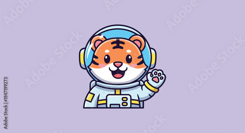 A cartoon tiger character wearing a white spacesuit and blue headset against a light purple background with a friendly expression and raised hand.