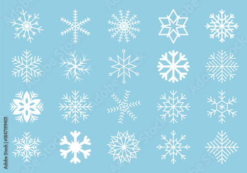 Snow Flakes vector collection isolated on blue. Frozen and frost icons.
