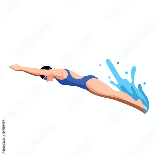 A swimmer dives into water, creating a splash with a blue swimsuit and cap