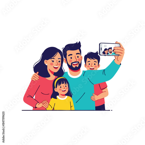 A family takes a selfie, posing closely together, joyfully smiling