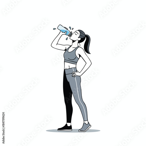 A woman in athletic wear drinks from a water bottle after a workout