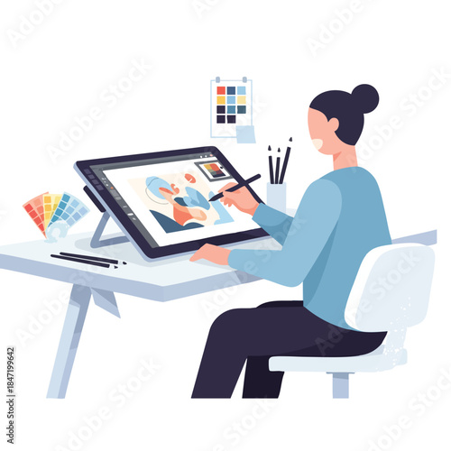 An illustrator sits at a desk, designing on a tablet with color swatches and tools