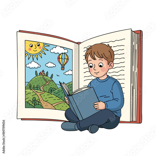 A child reads a book showing a landscape with a smiling sun, hills, and a hot air balloon