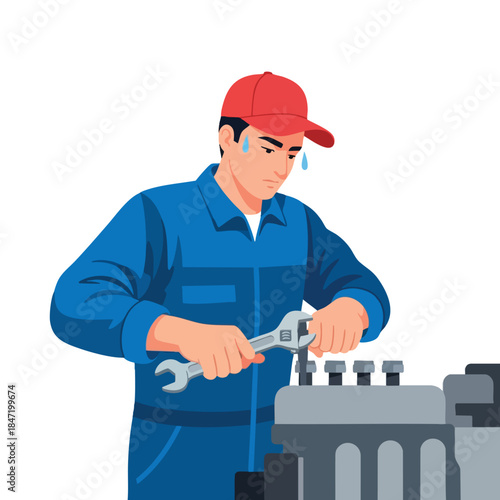 A sweating mechanic in blue overalls and a red hat tightens a bolt on an engine