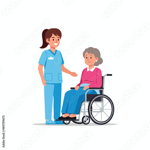 A caregiver in blue scrubs assists an elderly woman in a wheelchair