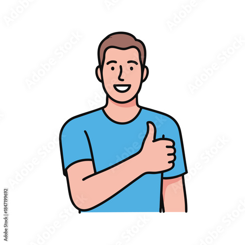 Cartoon man in blue shirt with thumbs up, smiling with positive expression
