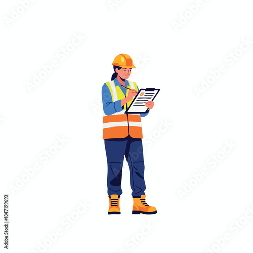 A person in a yellow hard hat and vest records information