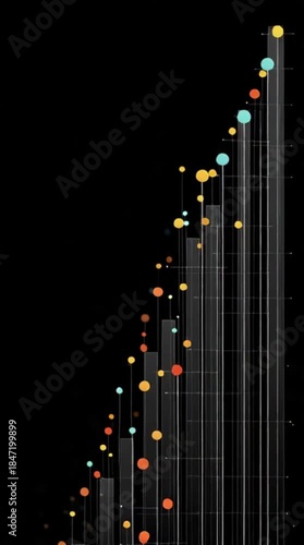 Abstract data visualization showcasing glowing colorful points connected to subtle vertical bars on a black background.