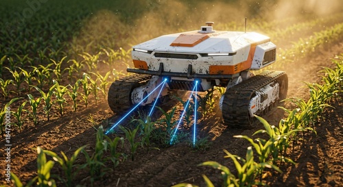 Small autonomous tracked robot weeding or analyzing soil in corn field with blue laser sensors, smart farming technology, precision agriculture innovation for crop monitoring.