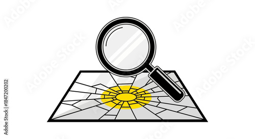 abstract magnifying glass focusing on yellow sunburst target over cracked surface concept for forensic analysis risk inspection