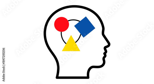 abstract human head silhouette with colorful geometric shapes inside illustrating creative thinking cognitive processes and learning concepts
