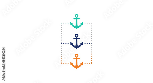 anchor icon infographic with three colorful anchors connected by dotted lines in minimal flat style symbolizing stability and progress