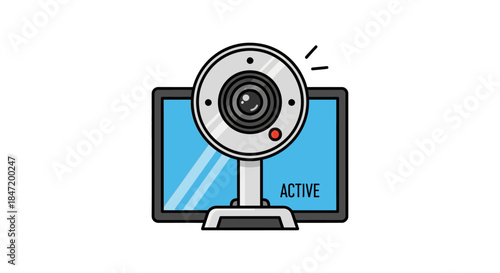 active webcam icon showing online video call camera on computer monitor flat vector illustration for streaming privacy and security concepts