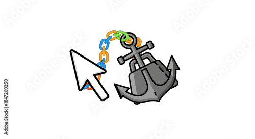 anchor link icon with mouse cursor pointer and colored chain flat vector illustration for seo backlink building and web navigation