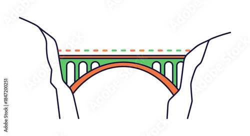 arch bridge illustration spanning canyon gorge in minimal flat line style symbolizing connection infrastructure and engineering concept