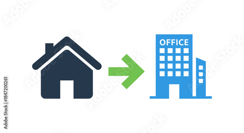 back to office concept with house icon and green arrow pointing to office building symbolizing return to work and hybrid workplace