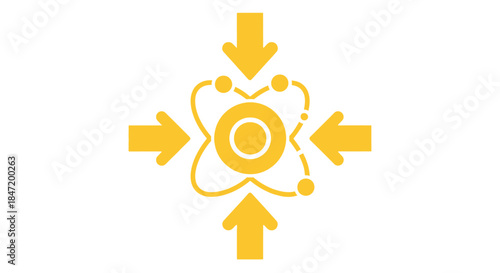 atomic nucleus with orbiting electrons and inward arrows flat yellow science icon on white background for nuclear physics concepts