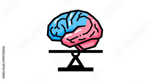 balanced brain illustration showing left and right hemisphere harmony on seesaw symbolizing mental health logic creativity and work life balance