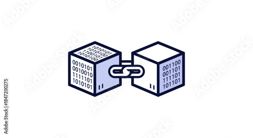 blockchain data blocks connected by digital chain link icon simple flat illustration on white background for fintech and cybersecurity concepts