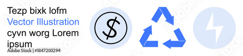 Finance, sustainability, energy, environmental awareness, eco-friendly practices, power. Symbols of a dollar sign, recycling arrows and a lightning bolt. Finance and sustainability elements