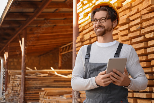 Male carpenter with tablet ...