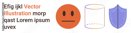 Emotional expression, security, data protection, design elements, safety, conceptual art. A neutral face emotion, a transparent cylindrical shape and a blue shield icon. Emotional expression