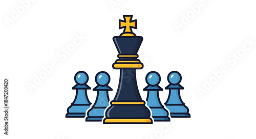 chess king leadership icon with blue pawns flat vector illustration on white background symbolizing strategy teamwork and success