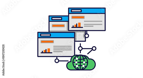 cloud analytics dashboard ui illustration with connected web browser windows and global network data visualization for big data reporting