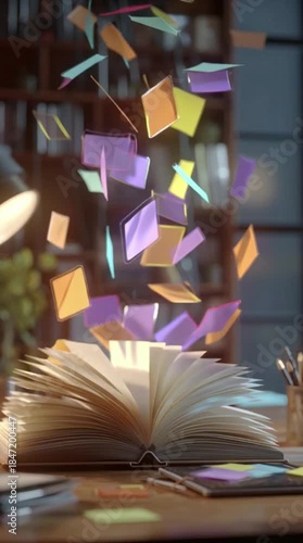 An open book on a desk emanates glowing, colorful sticky notes that fly upwards, symbolizing ideas and knowledge.