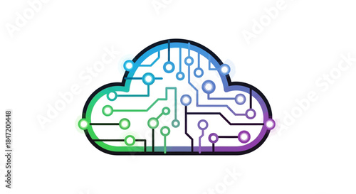 cloud computing icon with colorful circuit board connections in gradient outline illustrating digital data storage and server technology