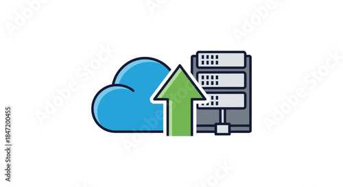 cloud data upload icon with green arrow from server to cloud storage illustrating online backup hosting migration and network transfer