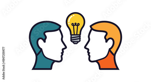 collaborative brainstorming concept with two human profiles sharing one light bulb idea icon symbolizing teamwork and creative innovation