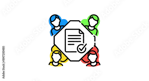 collaborative document approval workflow icon with diverse team avatars around checklist form illustrating online project management and review